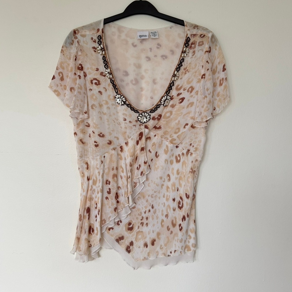 Together Womens Leopard Print Beaded V-Neck‎ Rayon Ruffle Blouse Tan Size 14